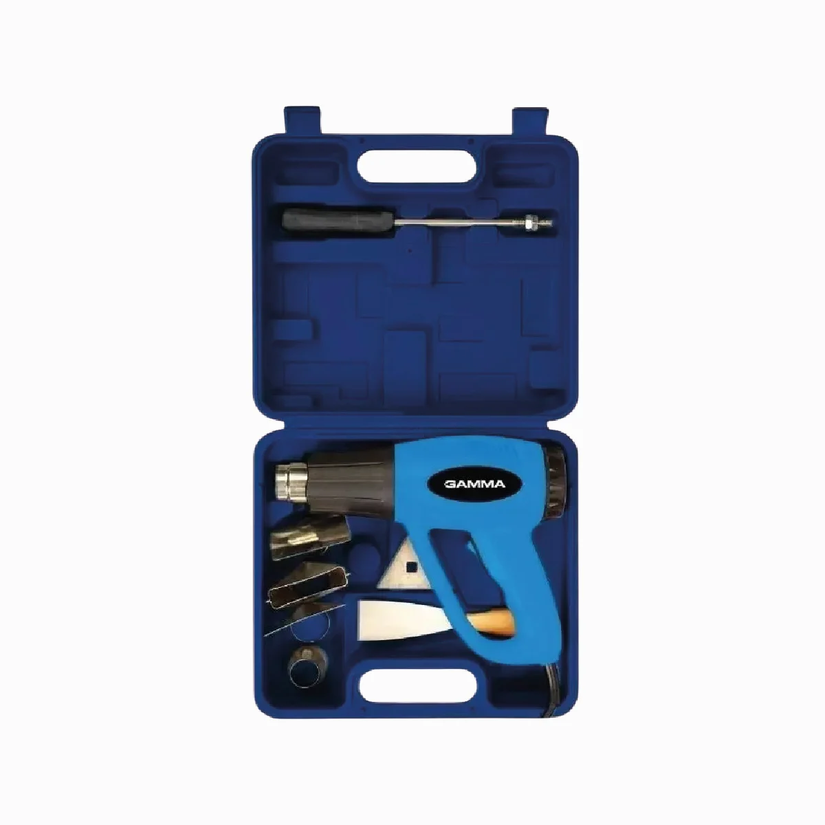 Voltaje: 220V. Temperatura regulable entre 300°-550° para adaptarse a diferentes materiales. Incluye 11 accesorios para diversas aplicaciones. Ideal para pegado de plásticos, remoción de pintura, calentamiento de materiales. Kit Pistola de Calor Gamma G1935kar 2 kW Celeste con maletín. Potencia de 2 kW para trabajos exigentes. Diseño ligero de 750 g para un manejo cómodo.